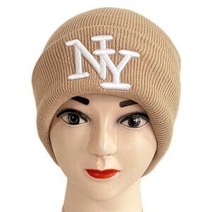 Embroidered NY Men Women Winter Knit Warm Fur lined Beanie Hat - Taupe
